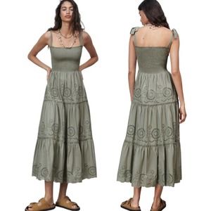 NWT  ZARA Sage Green Embroidered Eyelet Tiered Maxi Dress     Size:  M